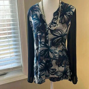 [L]Simply Vera  by Vera Wang Blue Floral LS Shirt Blouse with Sheered Sleeves